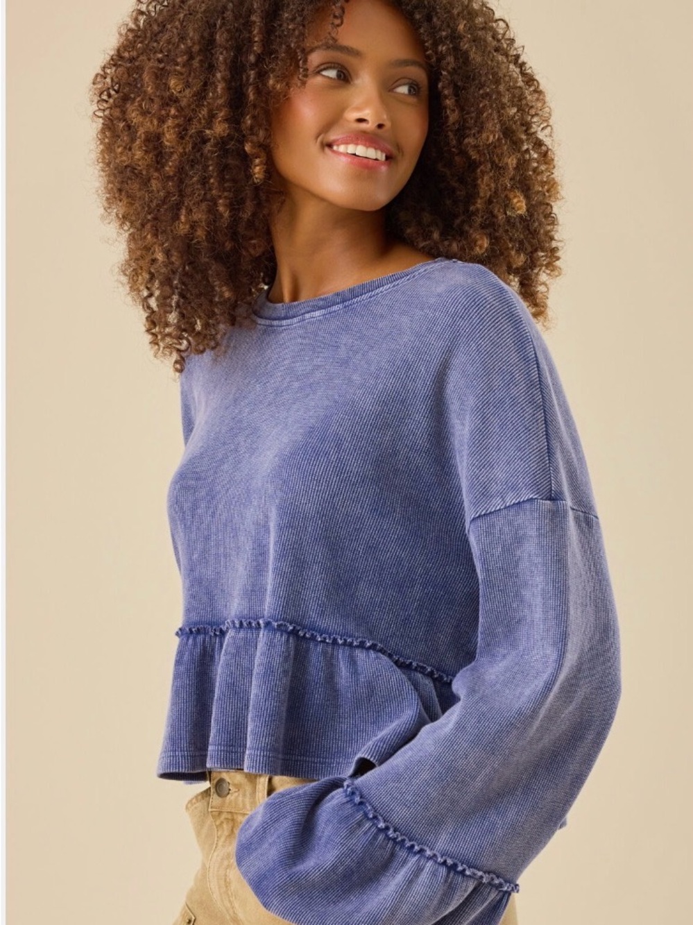 Altar'd State Annabelle Babydoll Long sleeve flowy Top Women's size XL Blue - Picture 3 of 8